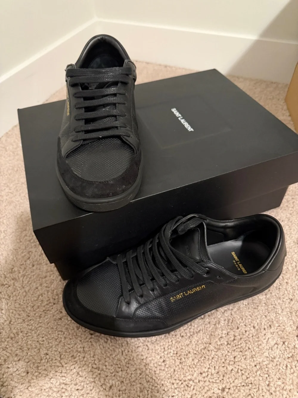 Saint Laurent Black Leather & Suede Low-Top Sneakers with Gold Logo - Picture 4 of 4